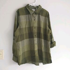 Liz Baker Woman Shirt 2X Green Check Linen Blend Roll Tab Sleeve Button